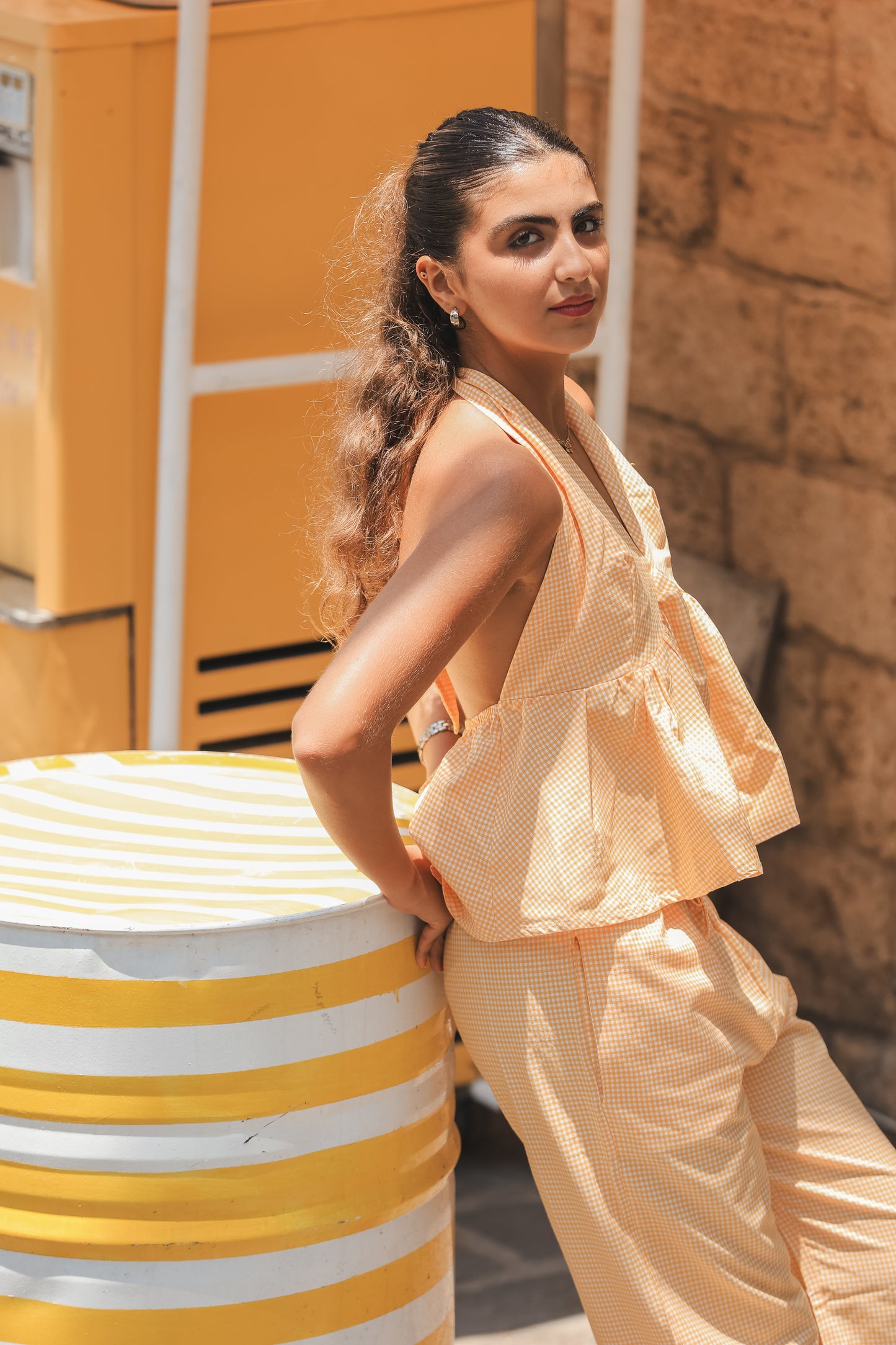 Yellow Backless Gingham Tie Top