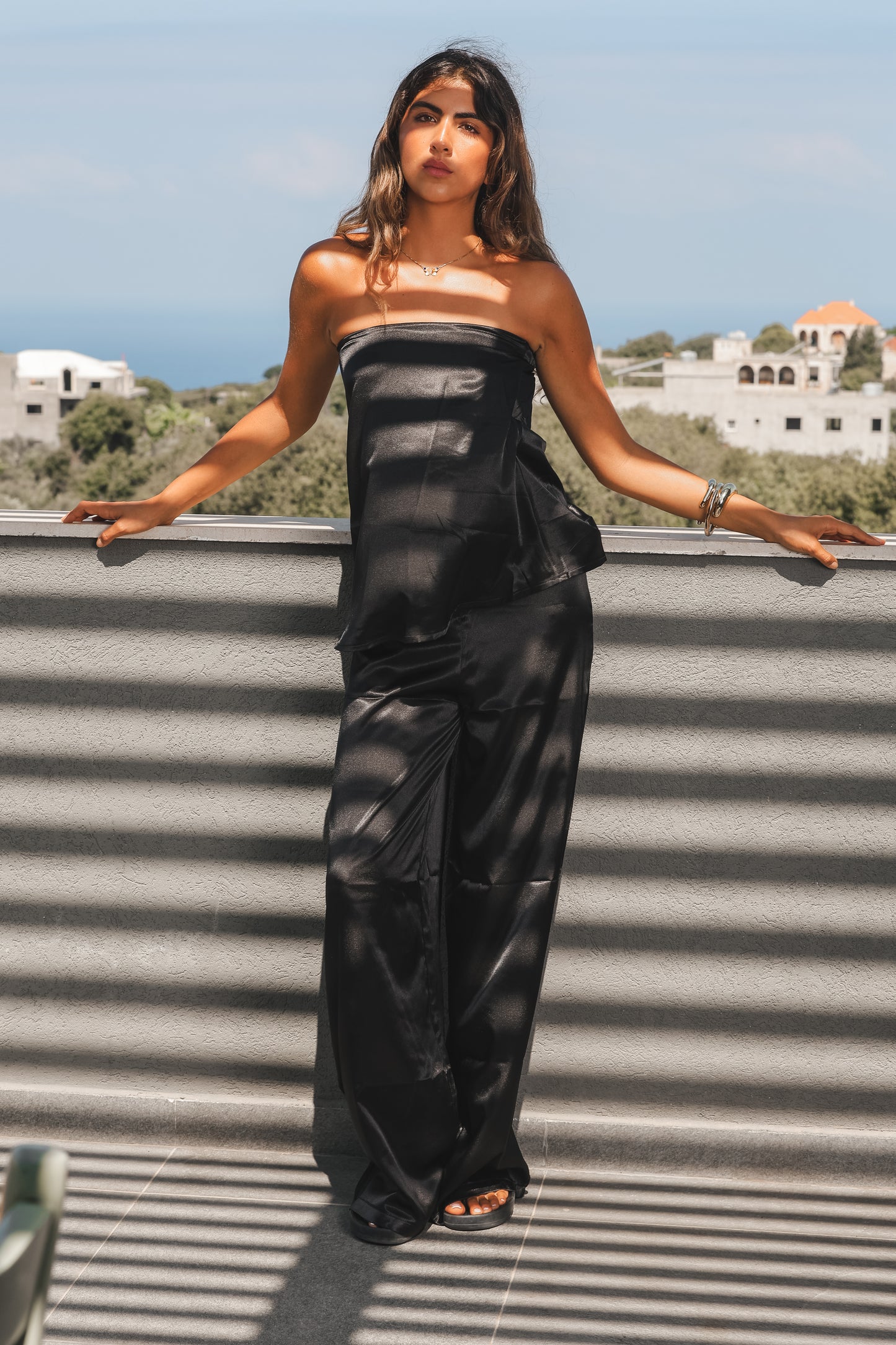 Strapless Black Satin Set