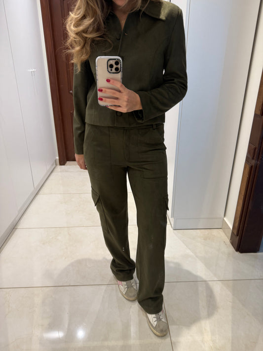 Olive Martini Suede Cargo Trousers