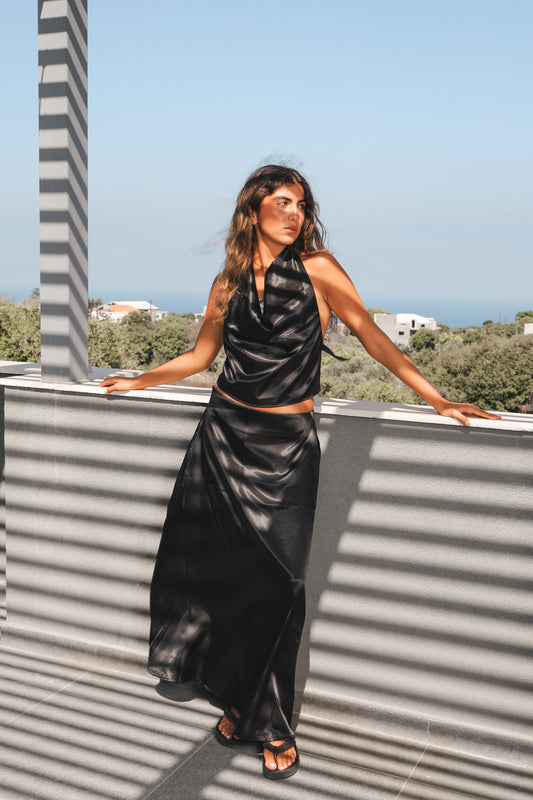 Black Satin Skirt Set