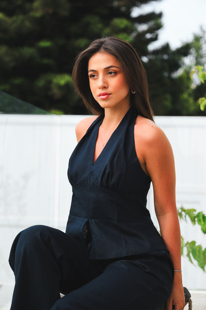 Signature Navy Linen Halter Top