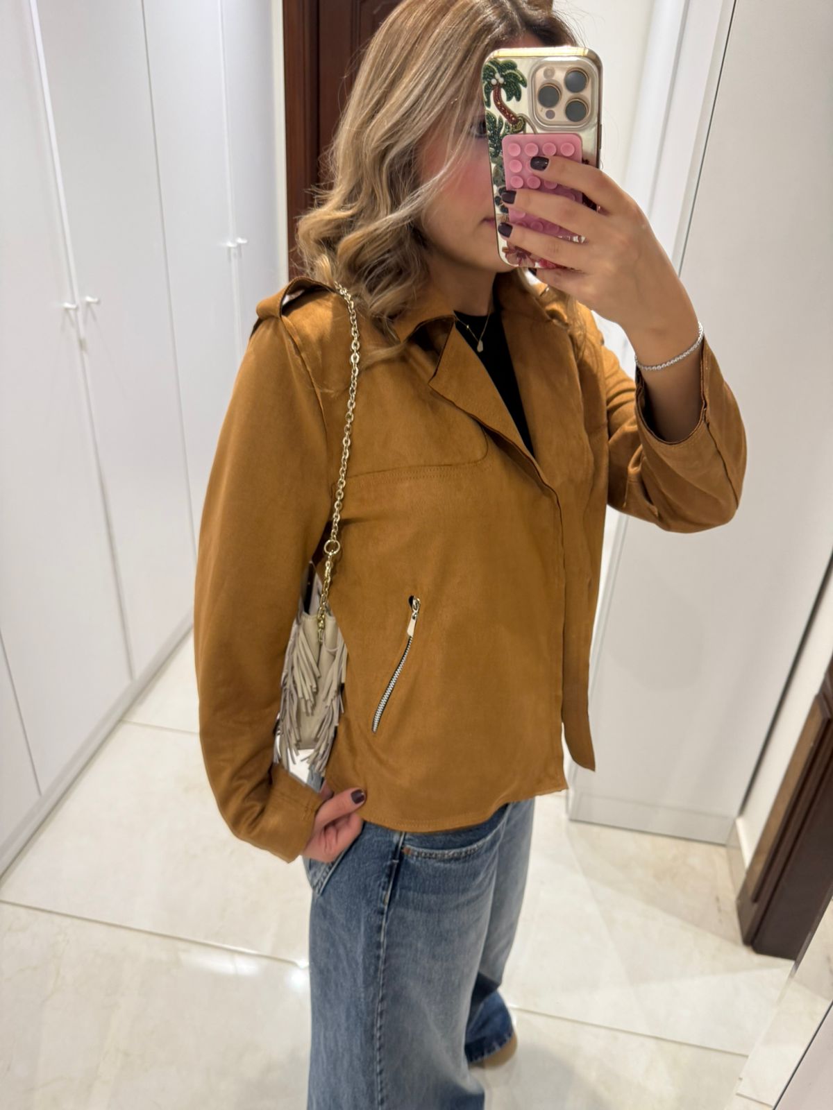 Honey Cognac Biker-Style Suede Jacket