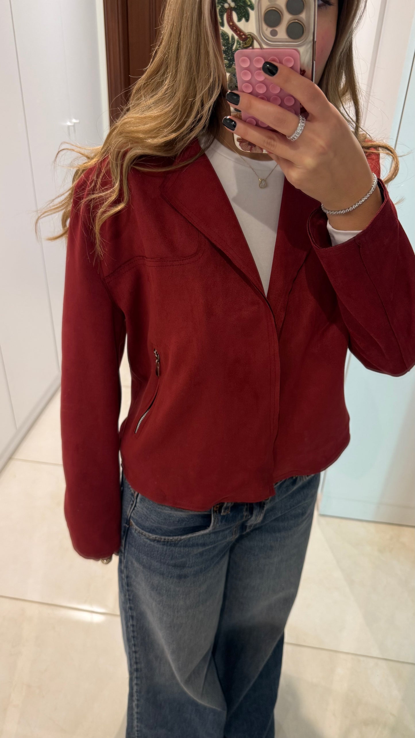 Crushed Cabernet Biker-Style Suede Jacket