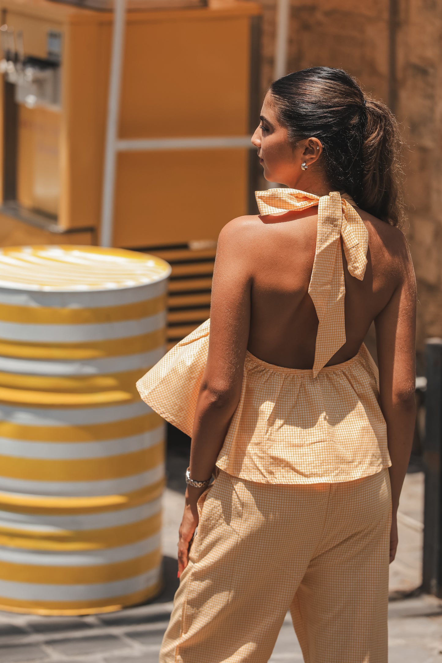 Yellow Backless Gingham Tie Top