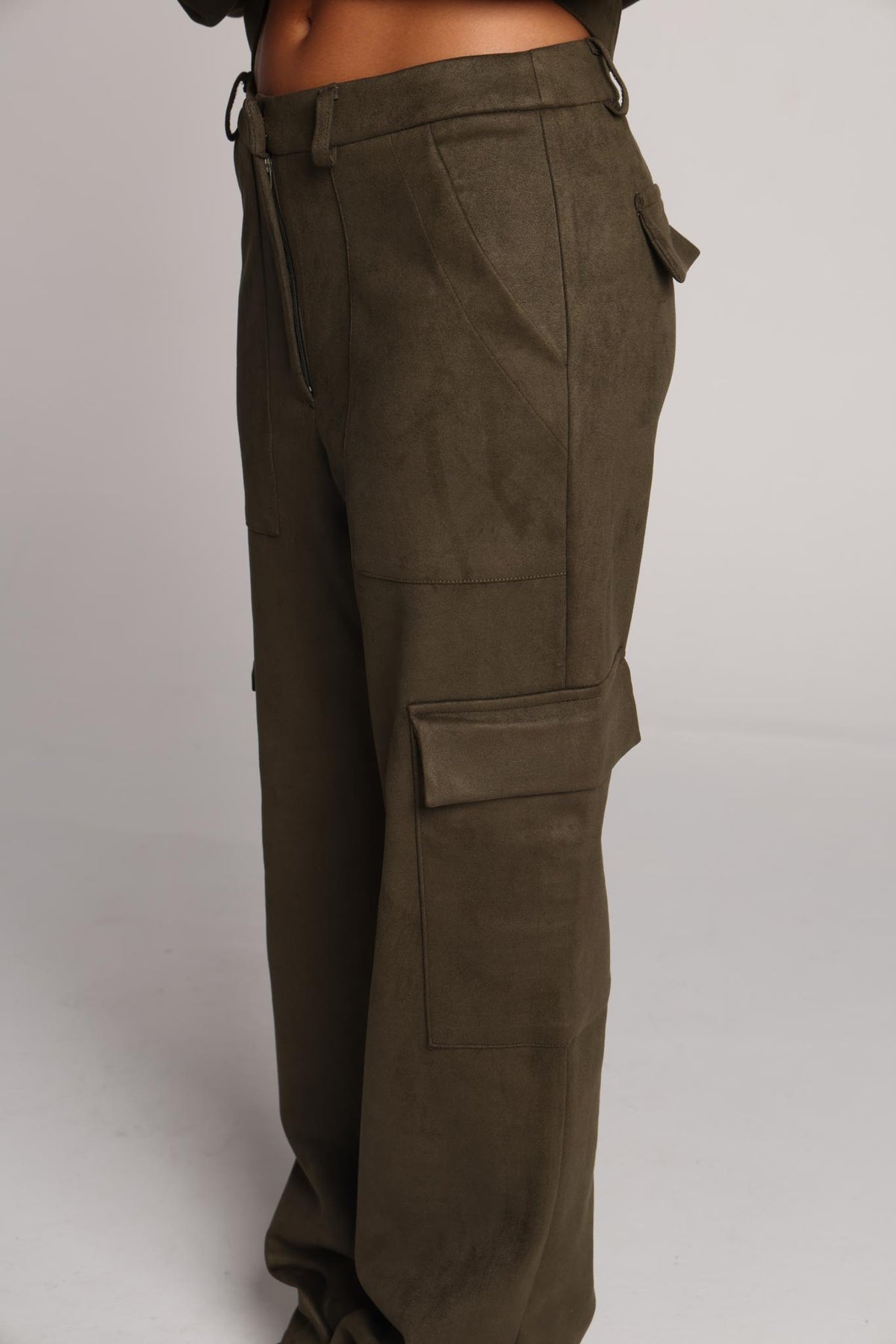 Olive Martini Suede Cargo Trousers
