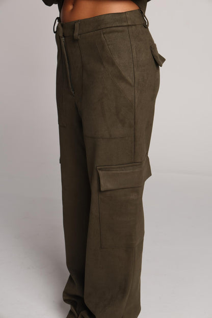 Olive Martini Suede Cargo Trousers