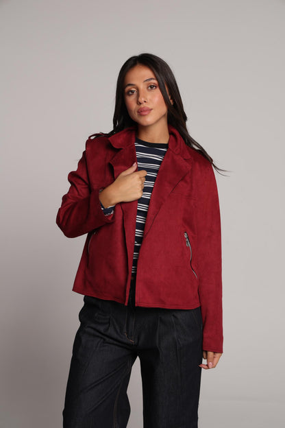 Crushed Cabernet Biker-Style Suede Jacket