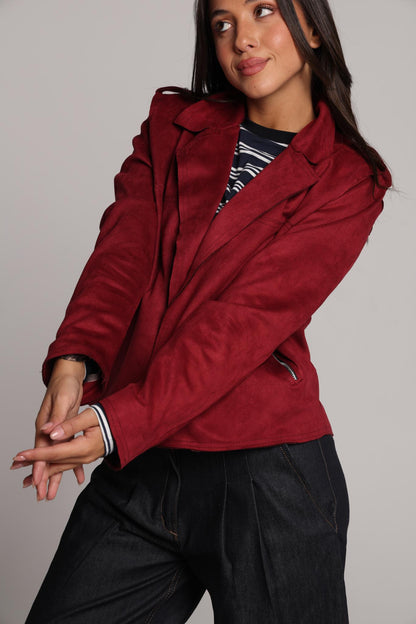 Crushed Cabernet Biker-Style Suede Jacket