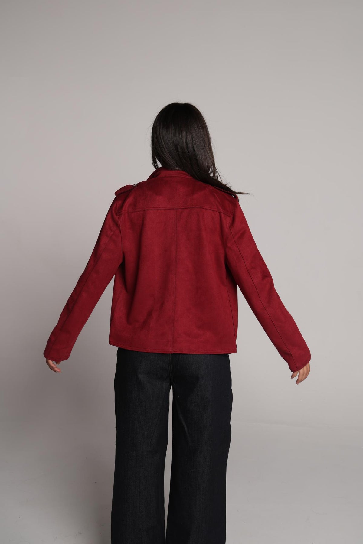 Crushed Cabernet Biker-Style Suede Jacket