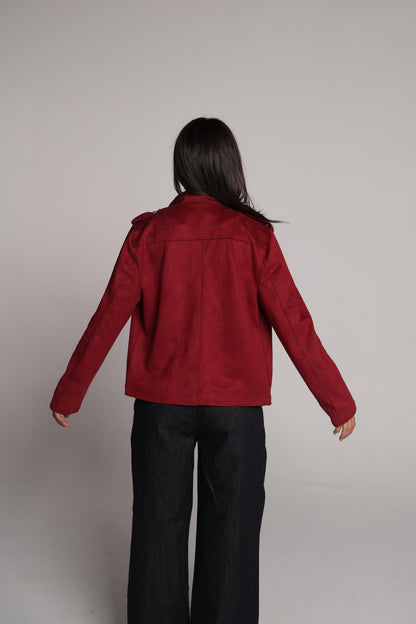 Crushed Cabernet Biker-Style Suede Jacket