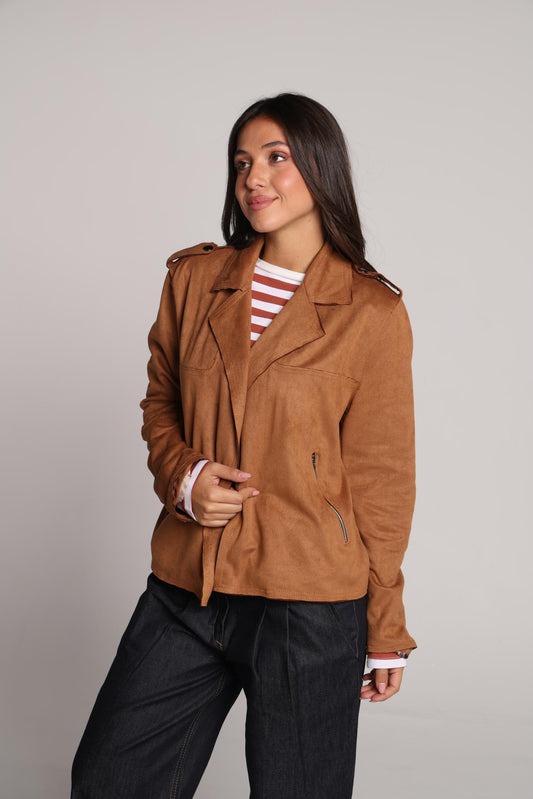 Honey Cognac Biker-Style Suede Jacket