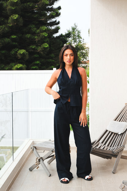 Signature Navy Linen Halter Top
