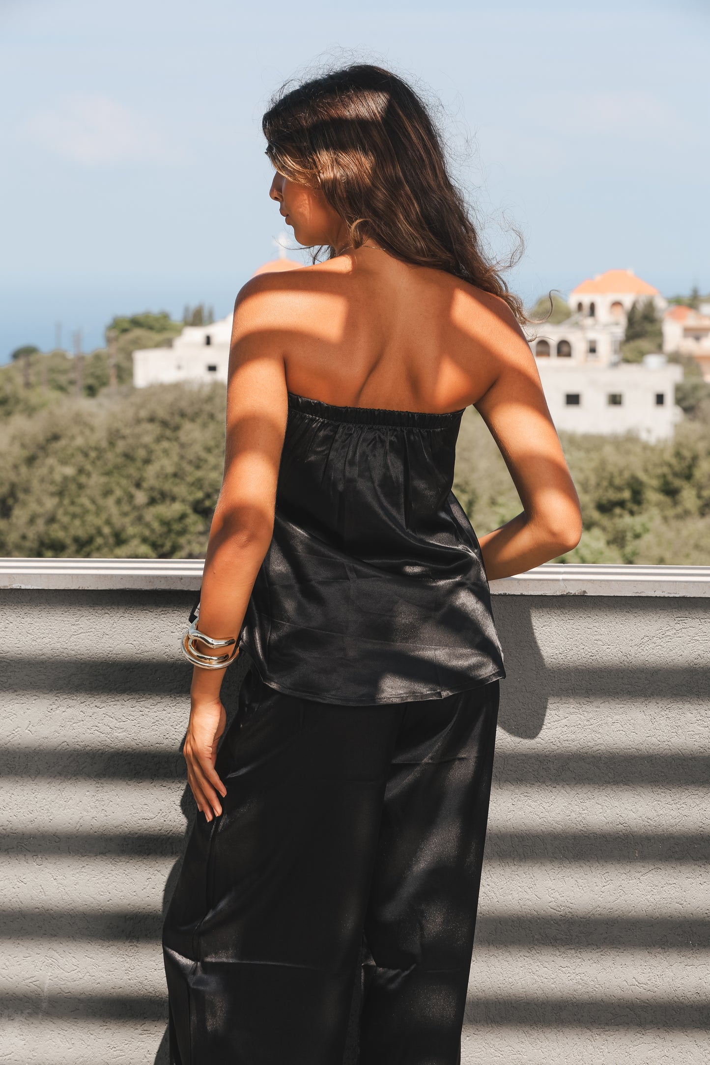 Strapless Black Satin Set