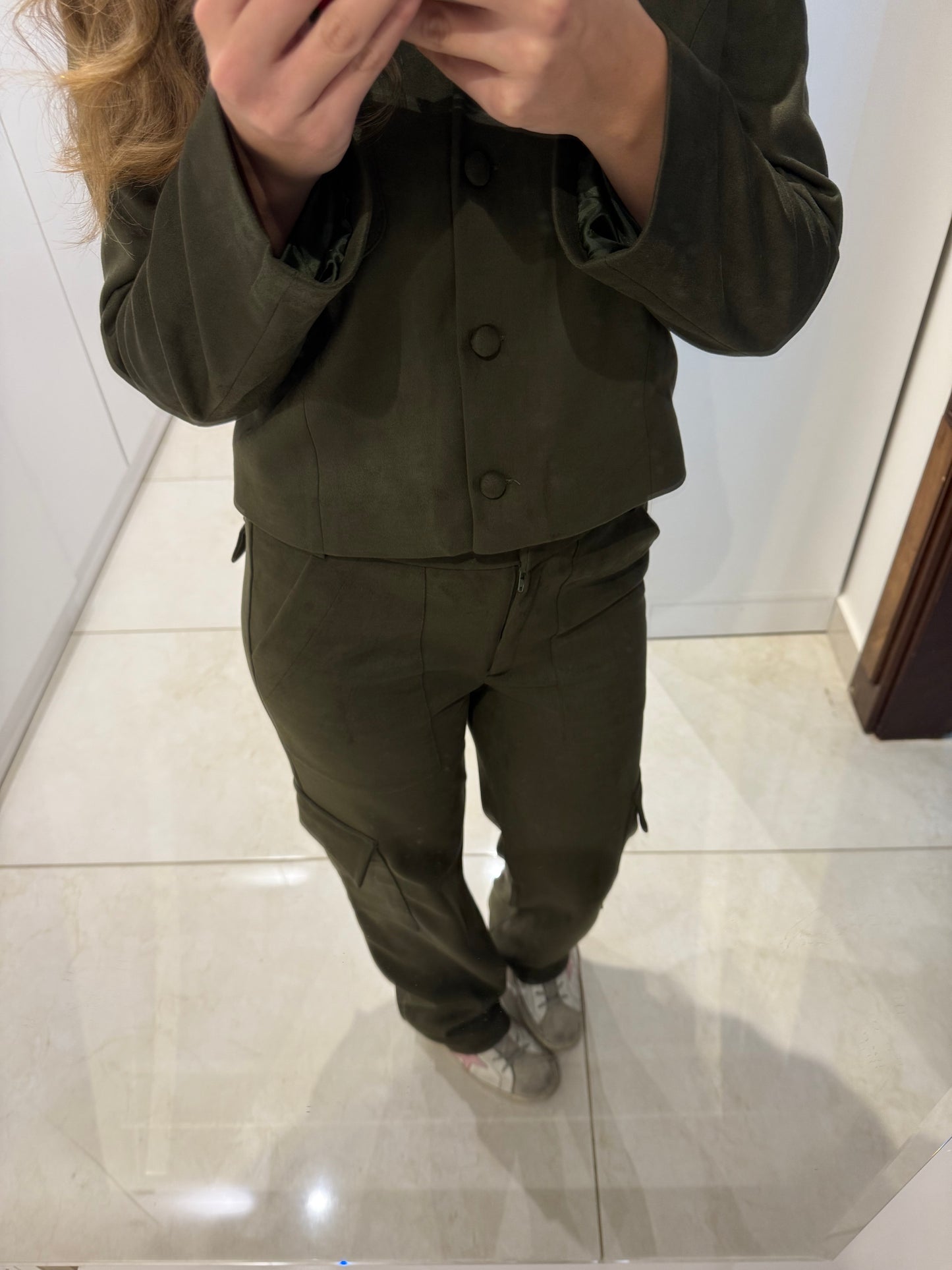 Olive Martini Suede Cargo Trousers
