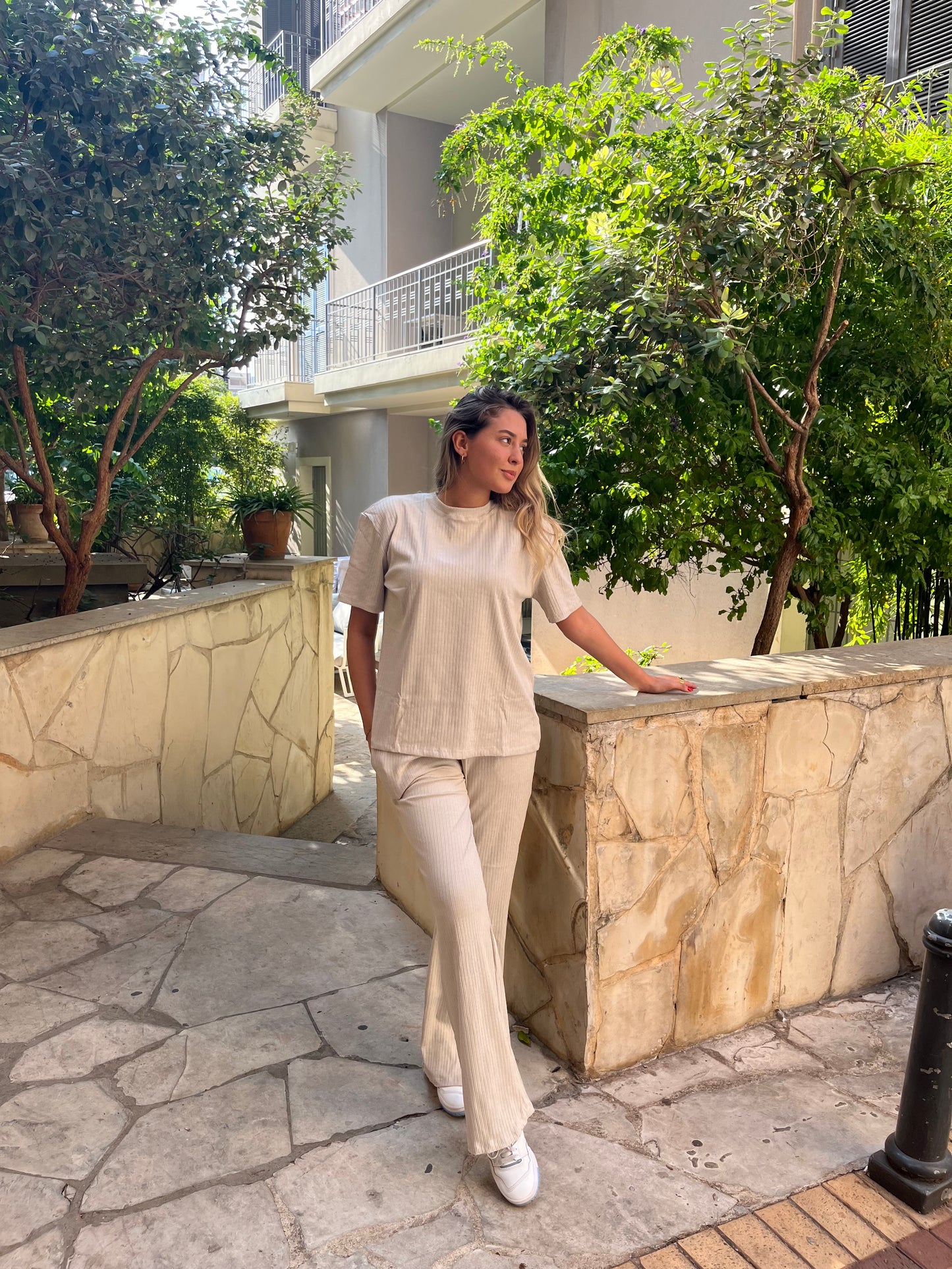 Ribbed Beige T-Shirt