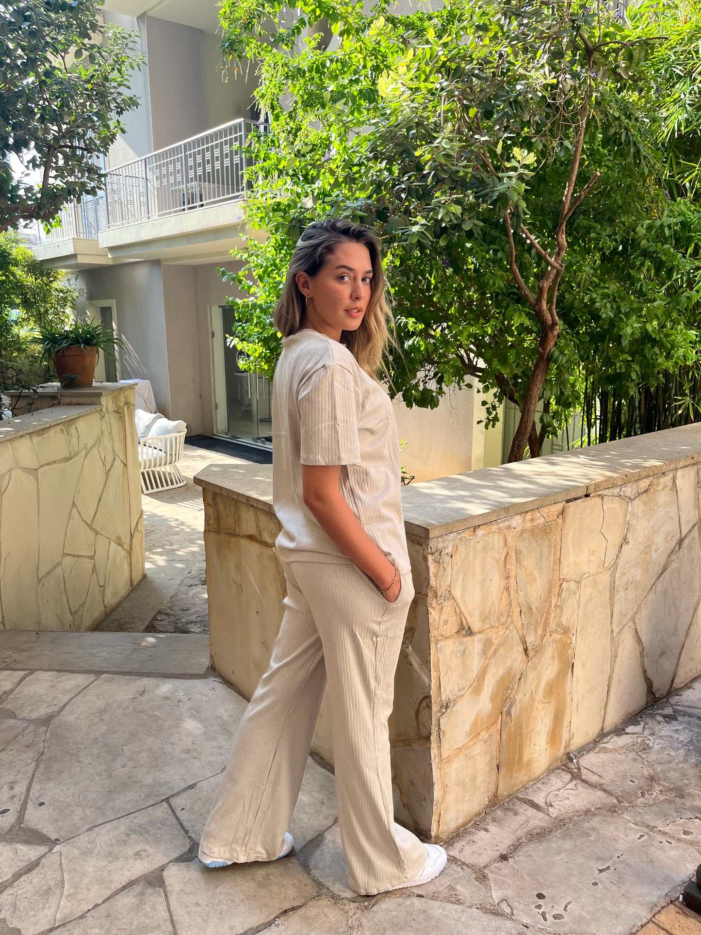 Ribbed Beige T-Shirt