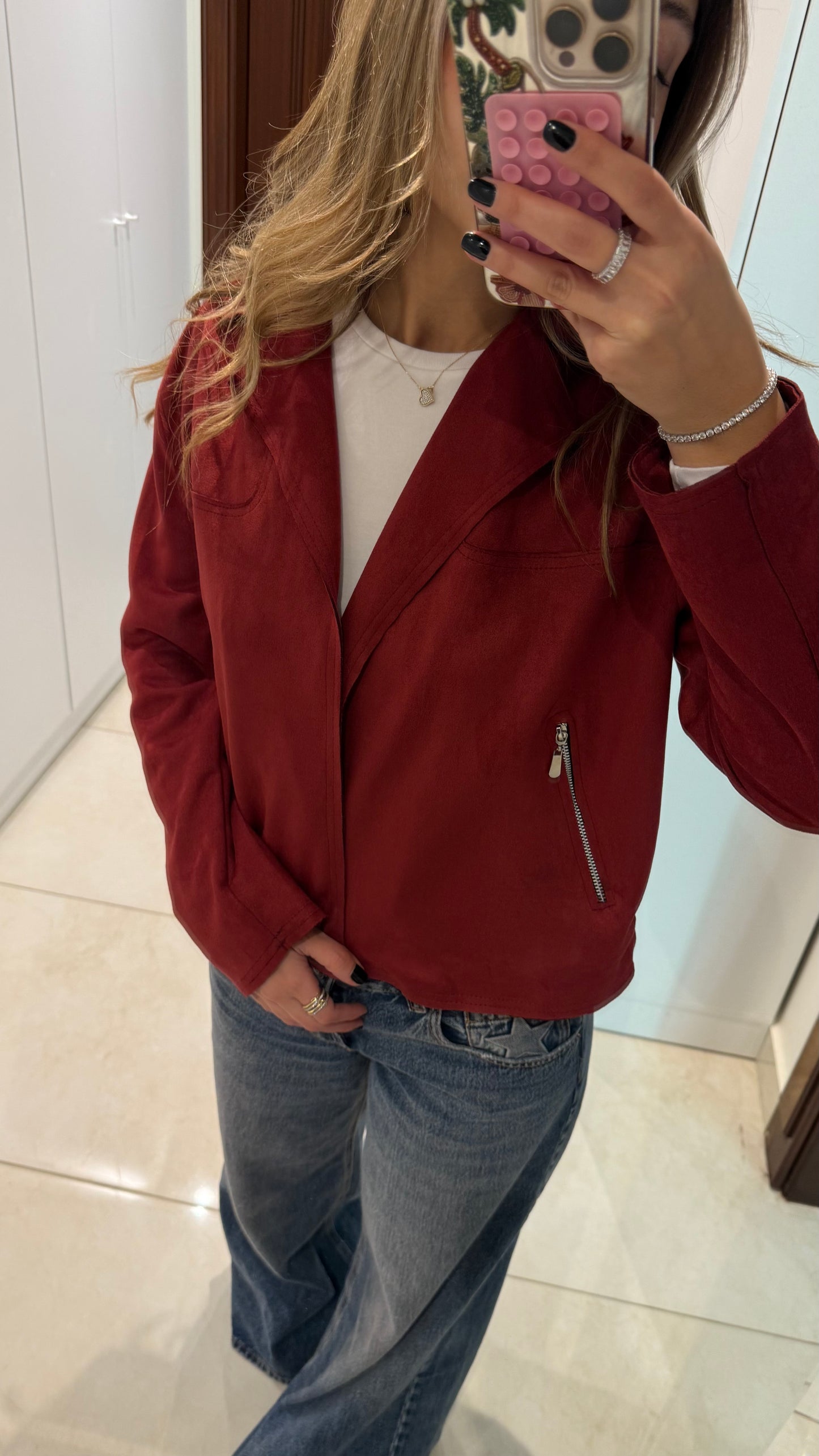 Crushed Cabernet Biker-Style Suede Jacket