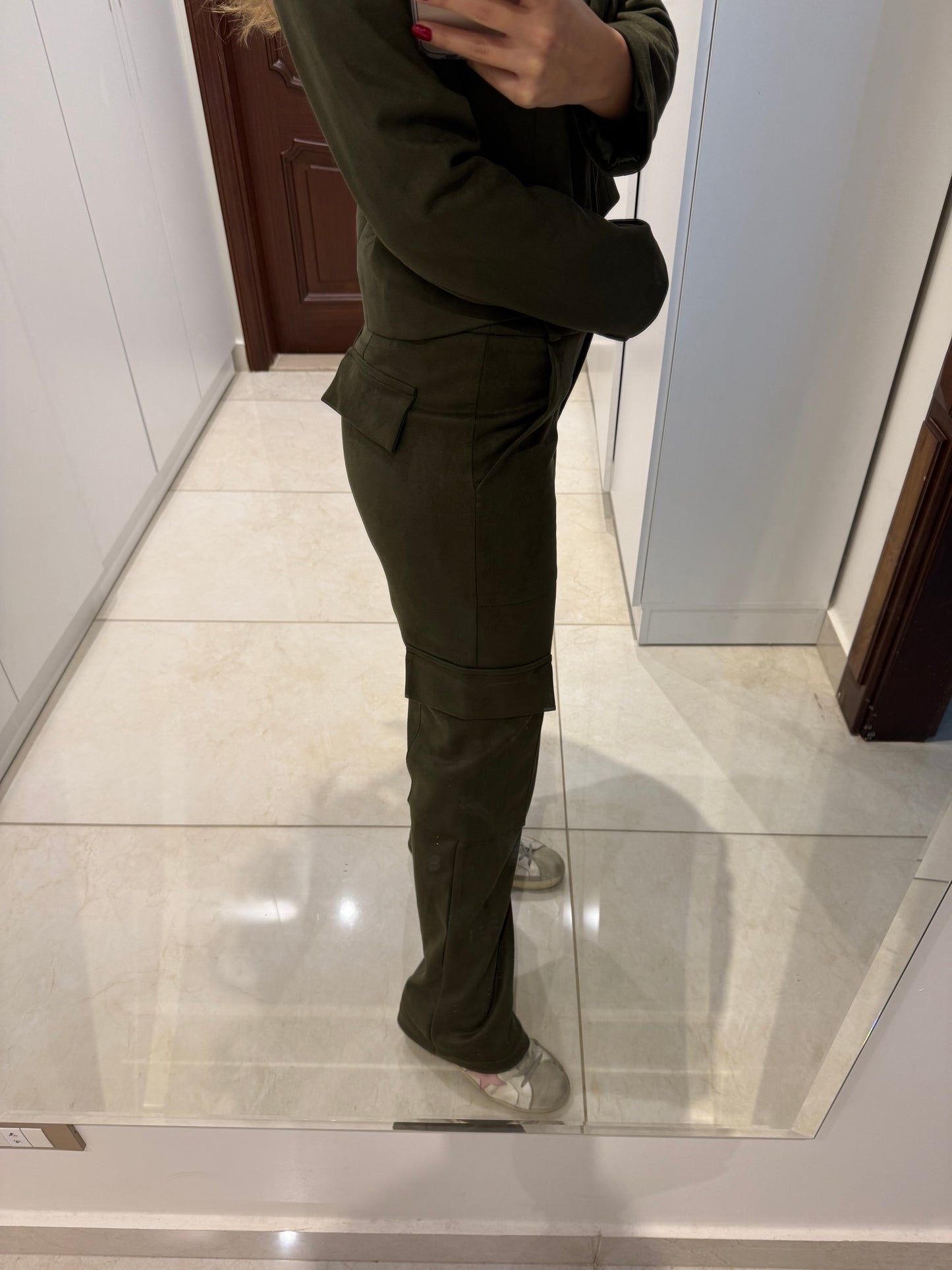 Olive Martini Suede Cargo Trousers
