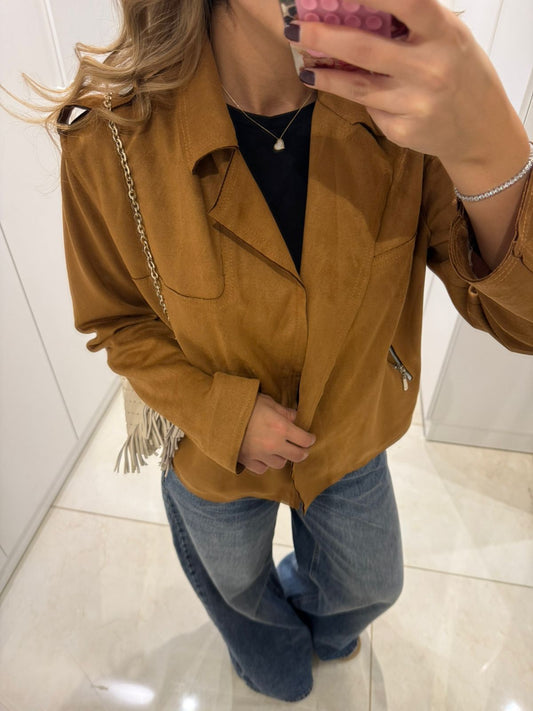 Honey Cognac Biker-Style Suede Jacket