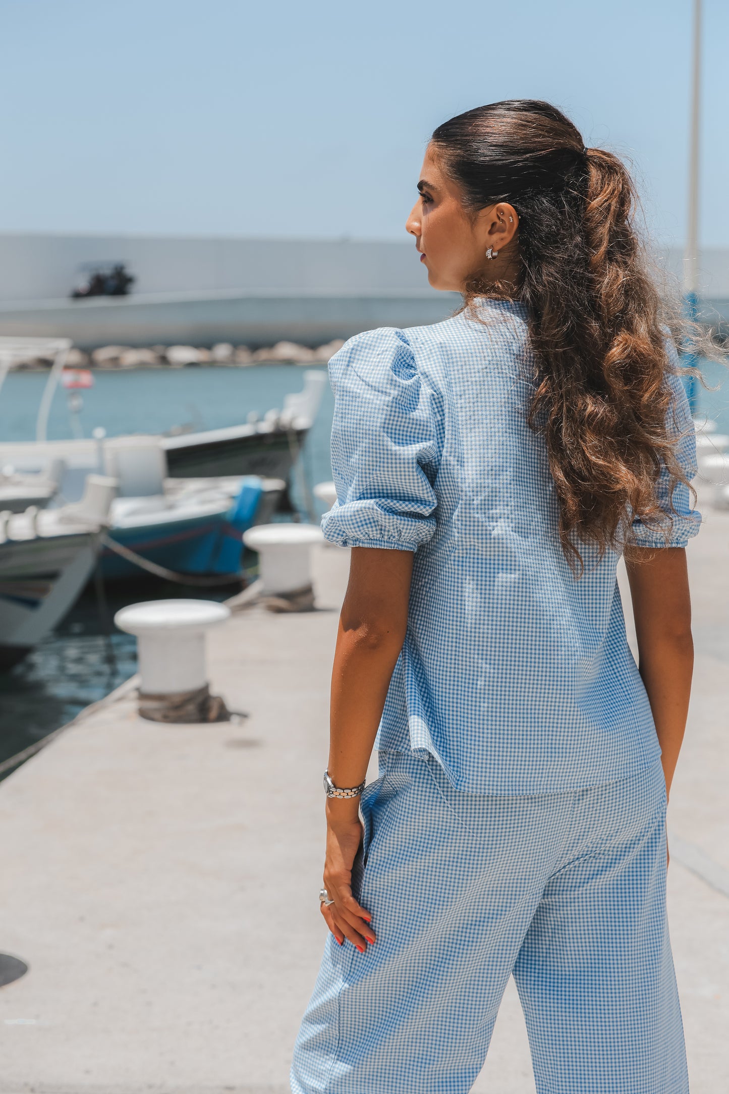 Blue Puffy Gingham Top