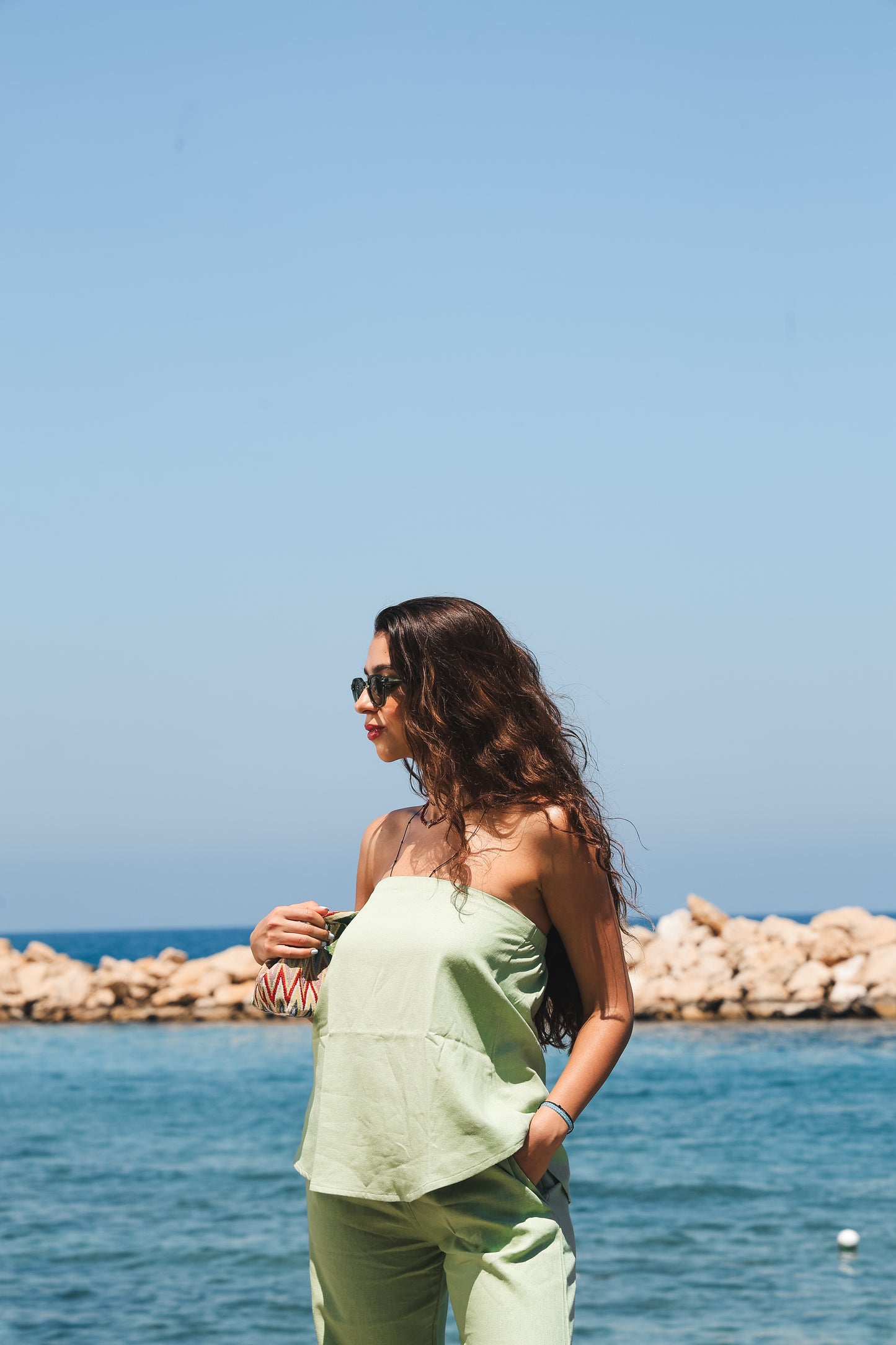 Signature Green Strapless Linen Top