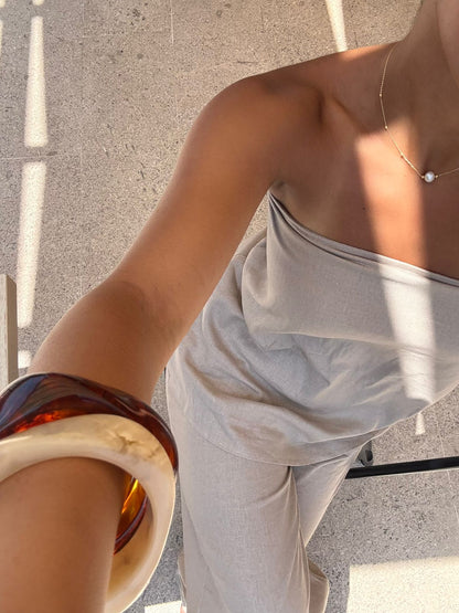 Signature Strapless Beige Linen Top